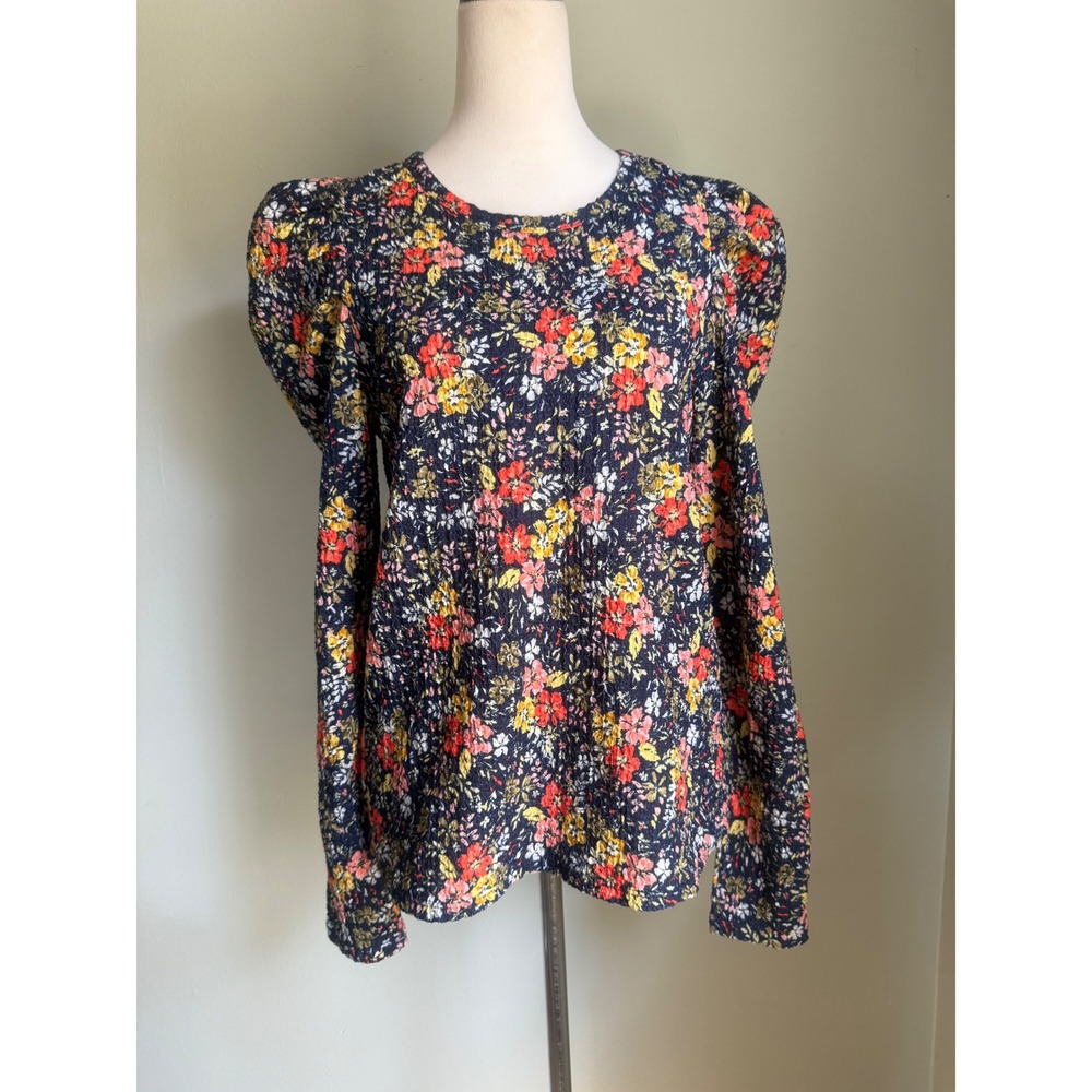 LOFT Navy Blue Floral Puff retro Long Sleeve Blouse M boho cottage colorful cute